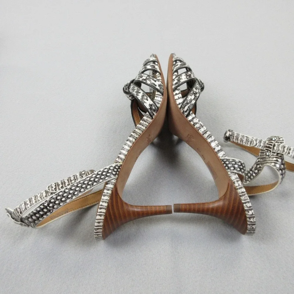 Coach Meg Land Shoes Womens Size 8 Black White Snake Slingback Sandals Heel